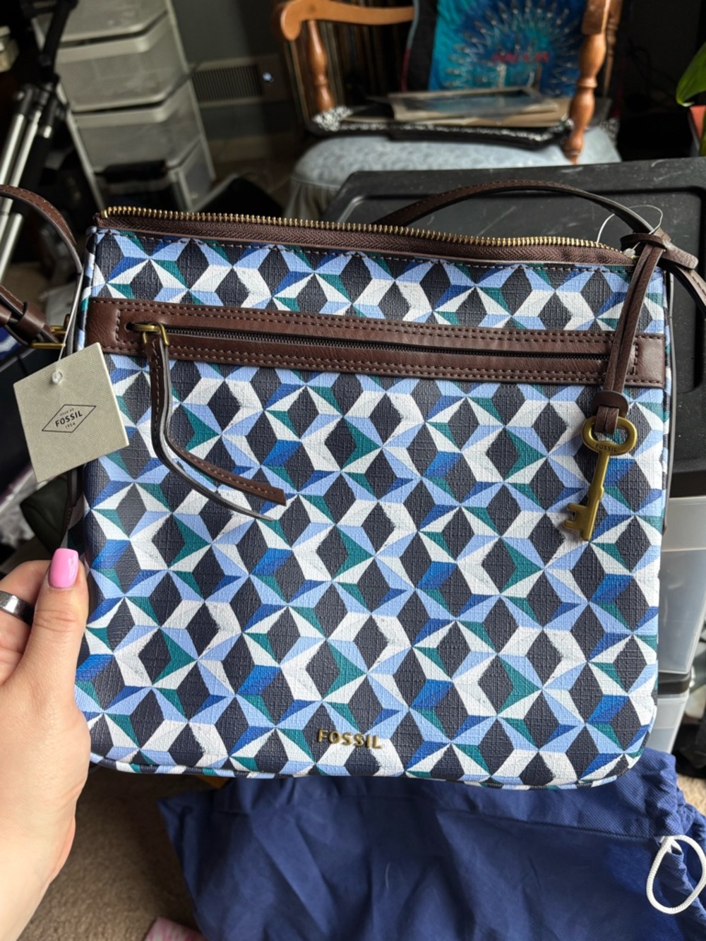 Fossil Blue Geometric Print Crossbody Bag with Brown Trim